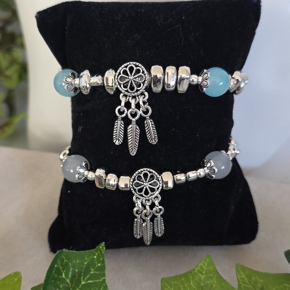 Silver and Aquamarine And Grey Stretch Bracelet with Dreamcatcher Charms
